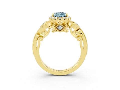 Yellow gold Pear Cut Aquamarine Halo Ring with Milgrain Pavé Band and Four-Prong Setting_15