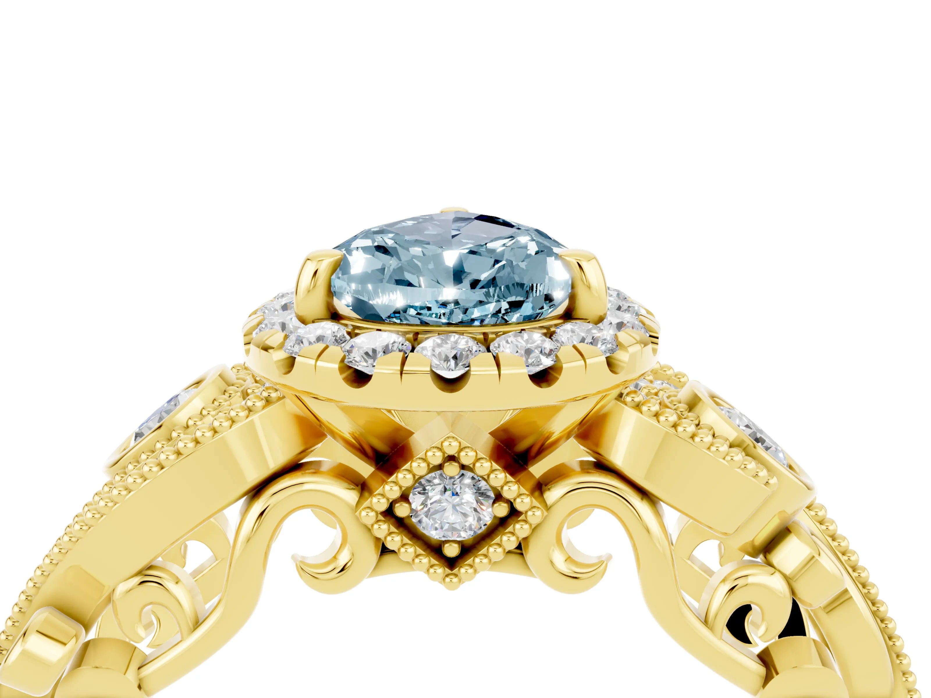 Yellow gold Pear Cut Aquamarine Halo Ring with Milgrain Pavé Band and Four-Prong Setting_16