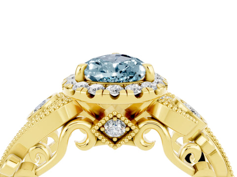 Yellow gold Pear Cut Aquamarine Halo Ring with Milgrain Pavé Band and Four-Prong Setting_16