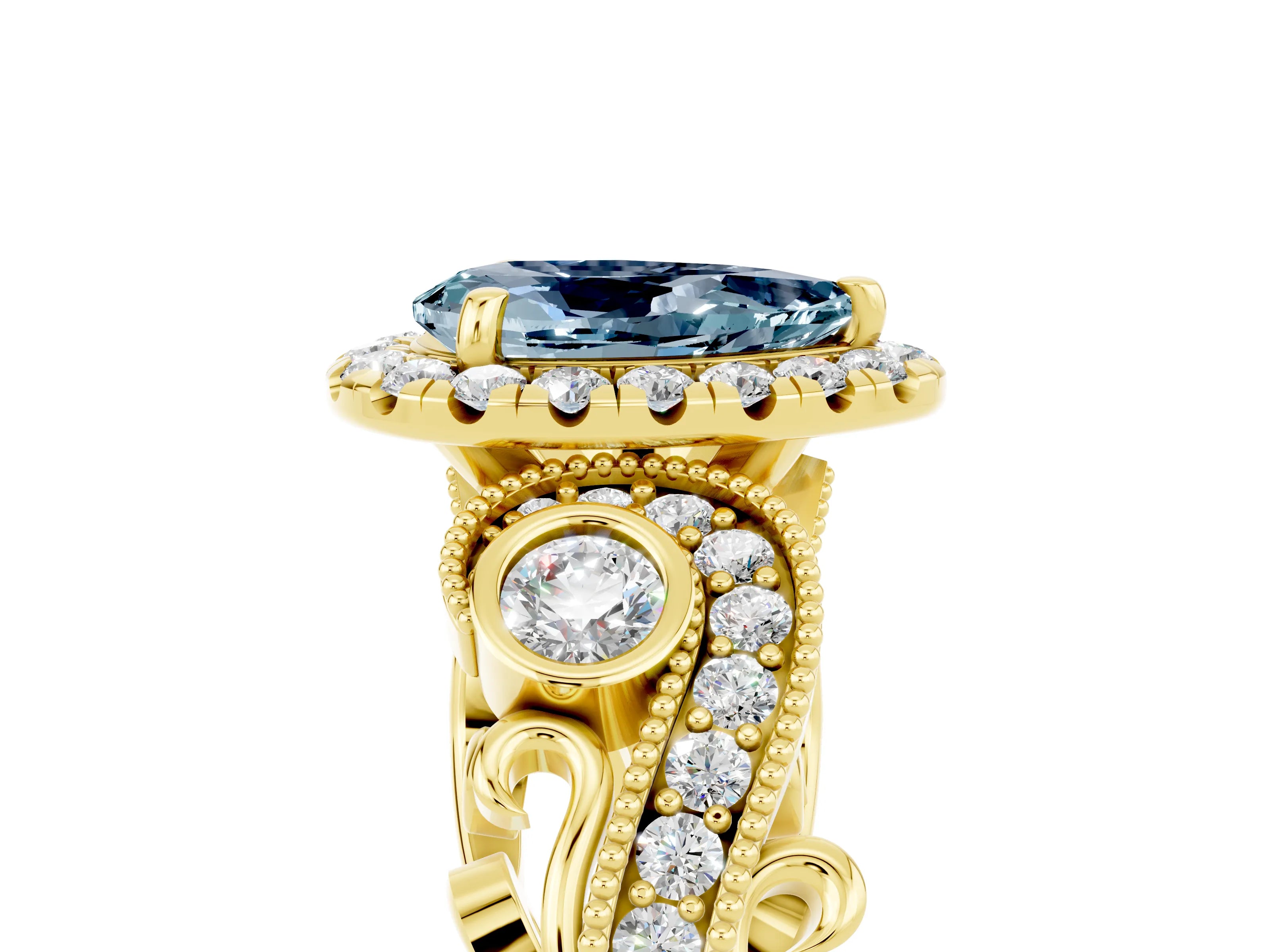 Yellow gold Pear Cut Aquamarine Halo Ring with Milgrain Pavé Band and Four-Prong Setting_17