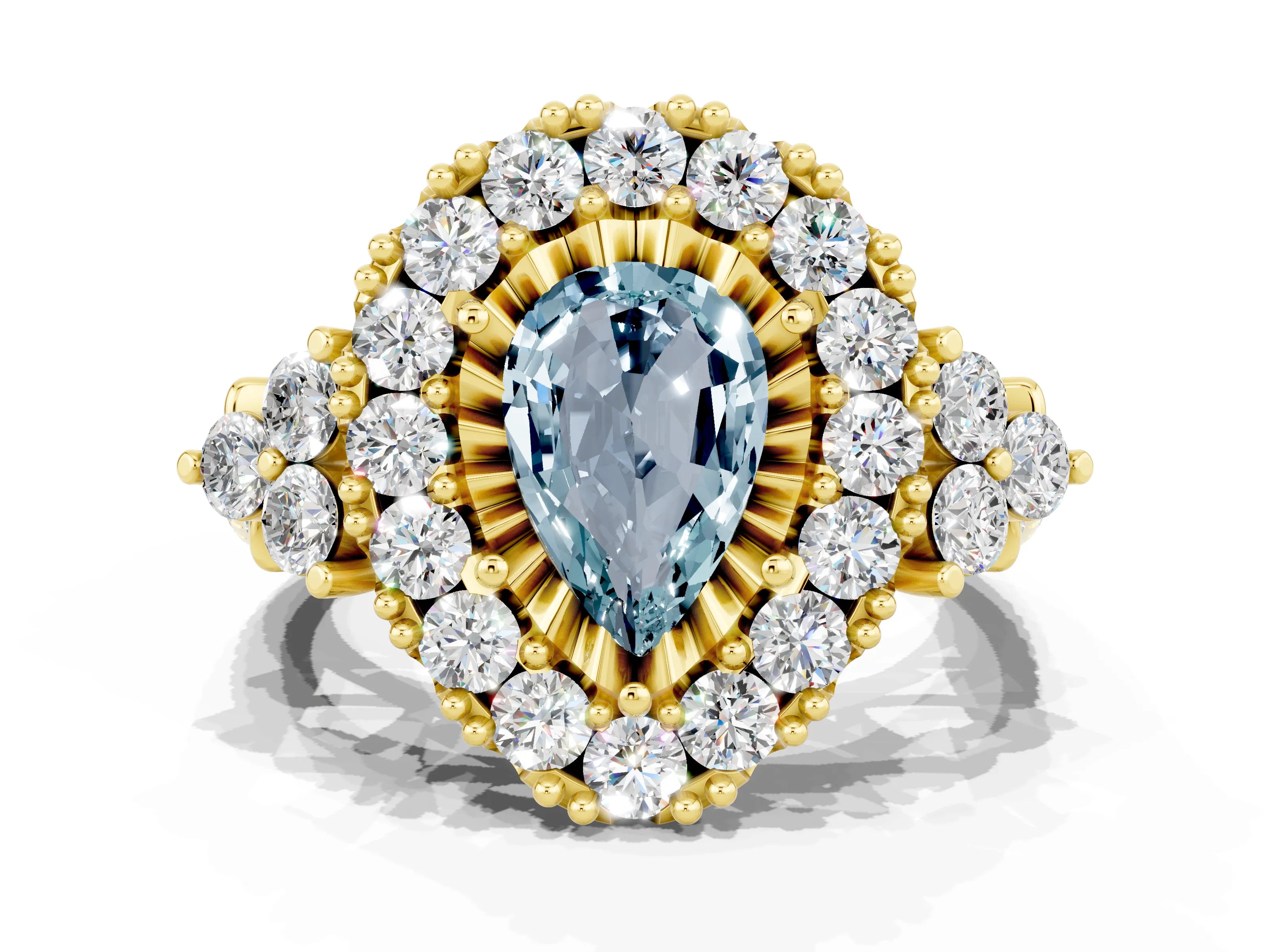 Yellow gold Pear Cut Aquamarine Halo Ring with Pavé Band and Four-Prong Setting_12