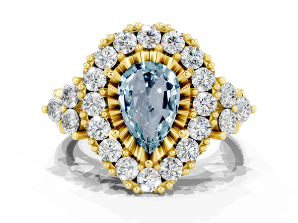Yellow gold Pear Cut Aquamarine Halo Ring with Pavé Band and Four-Prong Setting