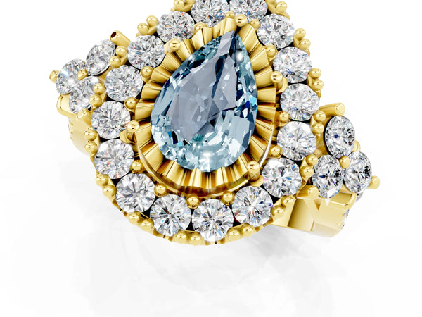 Yellow gold Pear Cut Aquamarine Halo Ring with Pavé Band and Four-Prong Setting