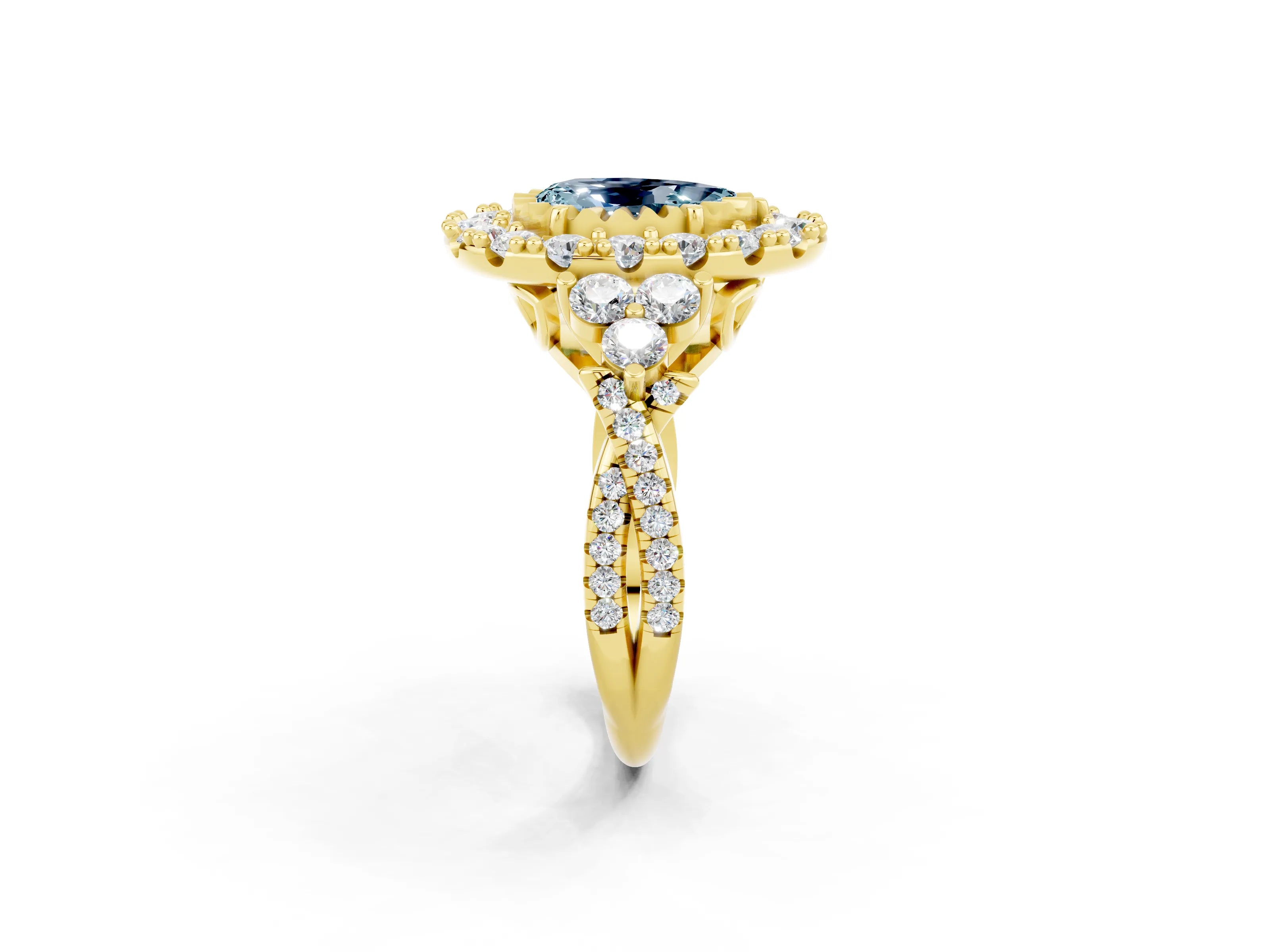 Yellow gold Pear Cut Aquamarine Halo Ring with Pavé Band and Four-Prong Setting_14