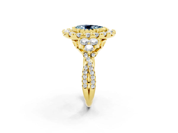 Yellow gold Pear Cut Aquamarine Halo Ring with Pavé Band and Four-Prong Setting