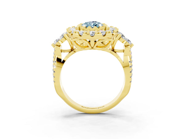 Yellow gold Pear Cut Aquamarine Halo Ring with Pavé Band and Four-Prong Setting