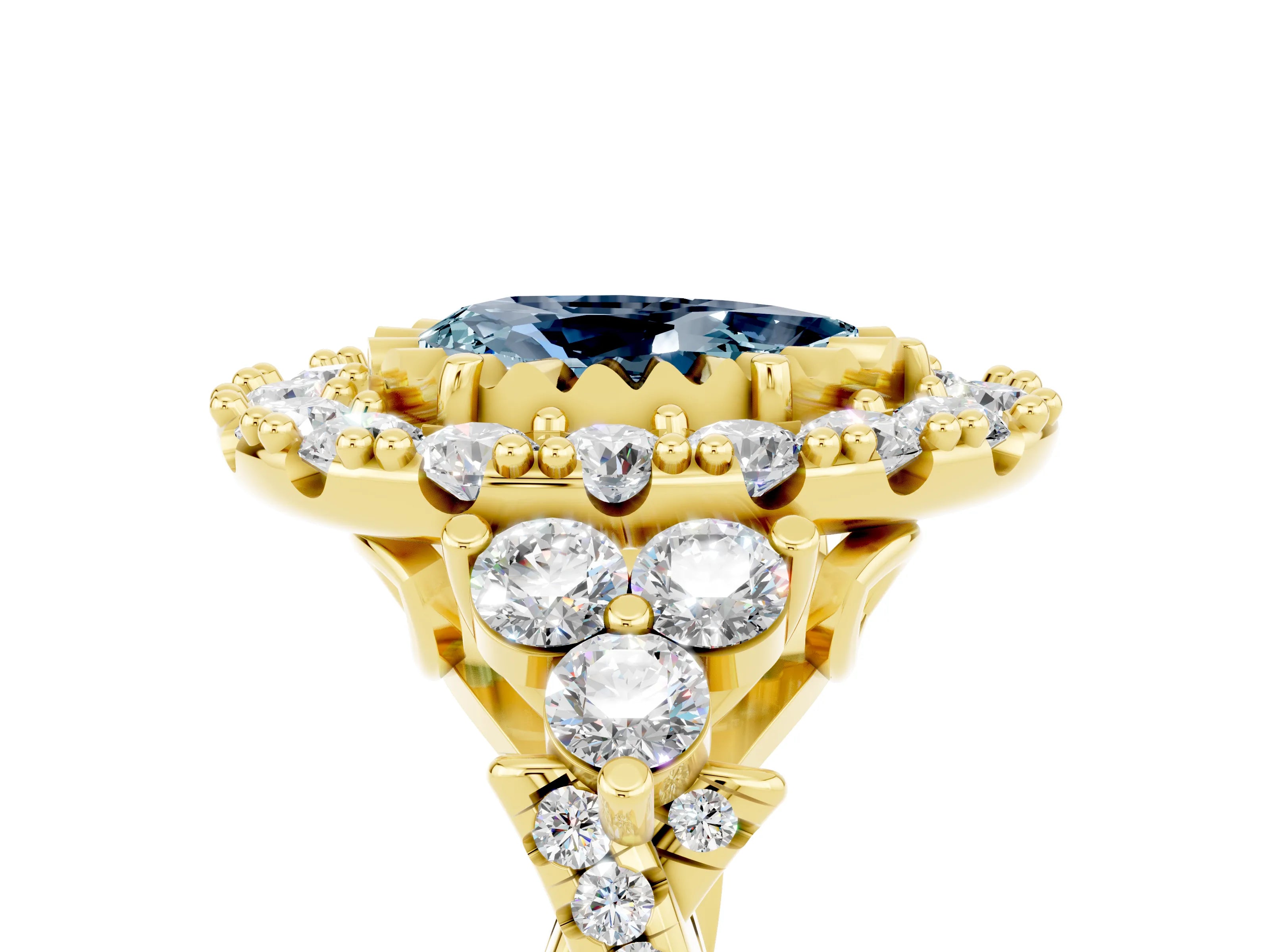Yellow gold Pear Cut Aquamarine Halo Ring with Pavé Band and Four-Prong Setting_17