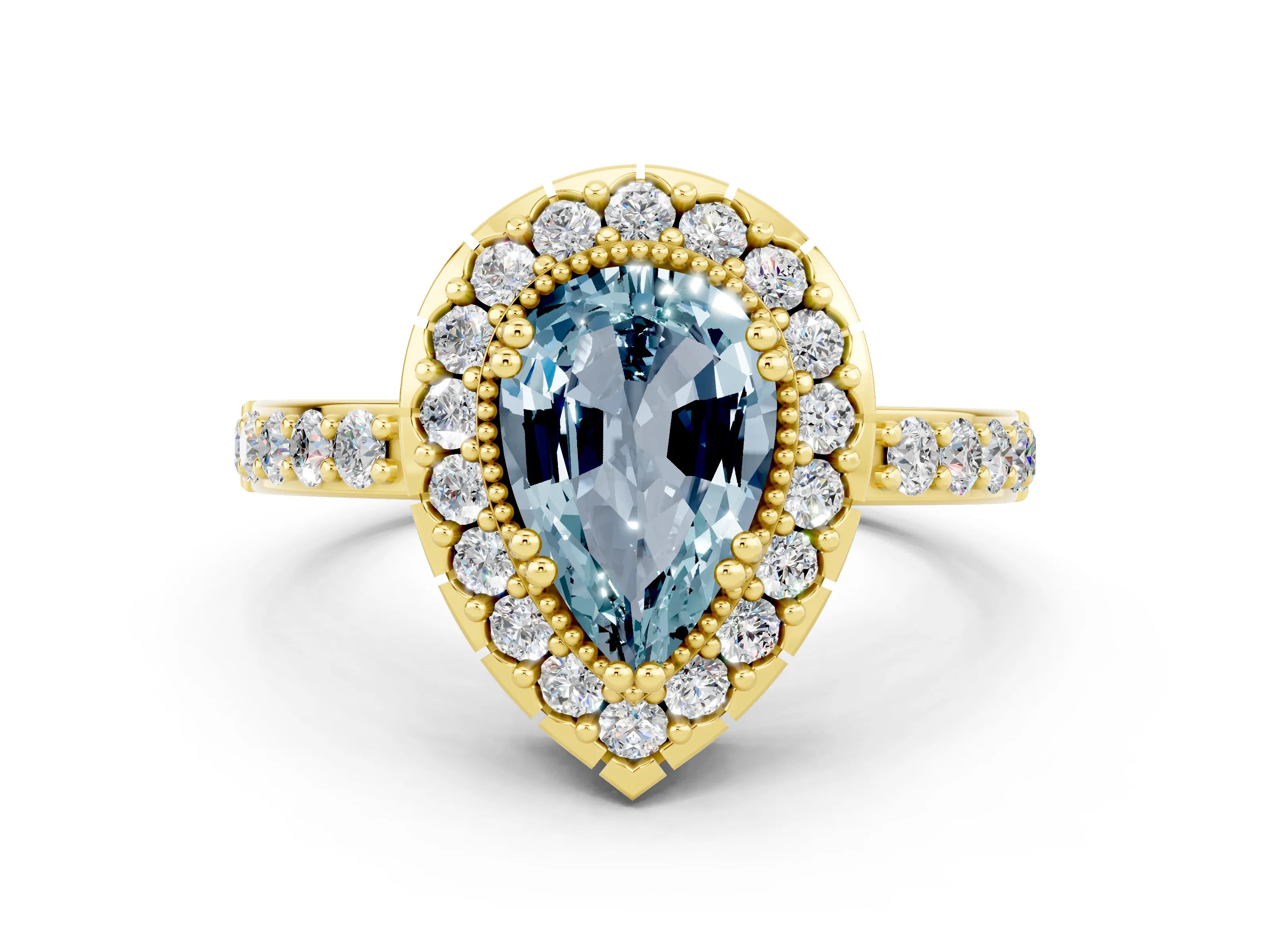 Yellow gold Pear Cut Aquamarine Halo Ring with Pavé Band and Prong Setting