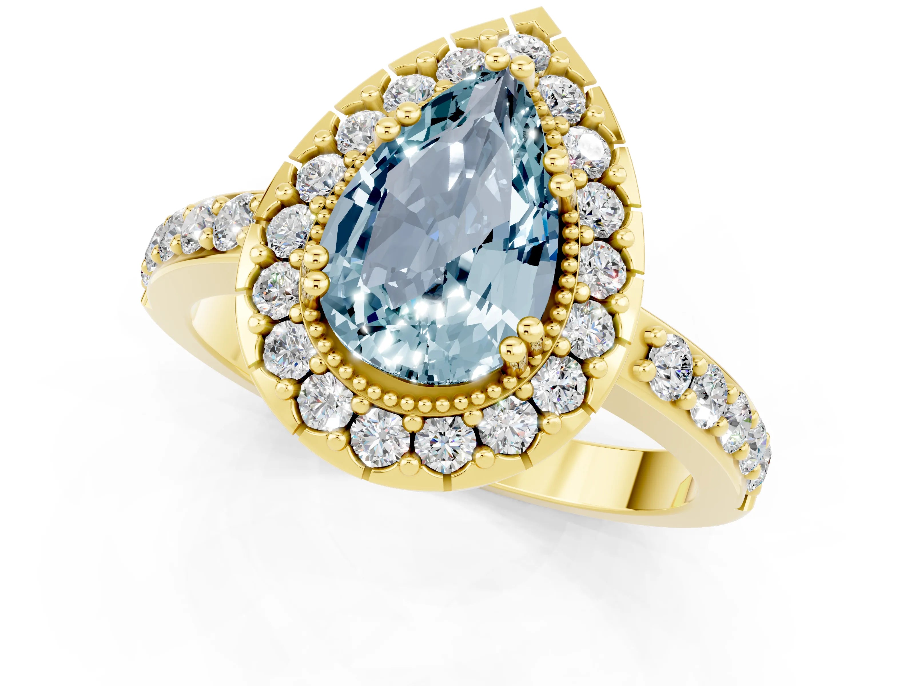 Yellow gold Pear Cut Aquamarine Halo Ring with Pavé Band and Prong Setting_1