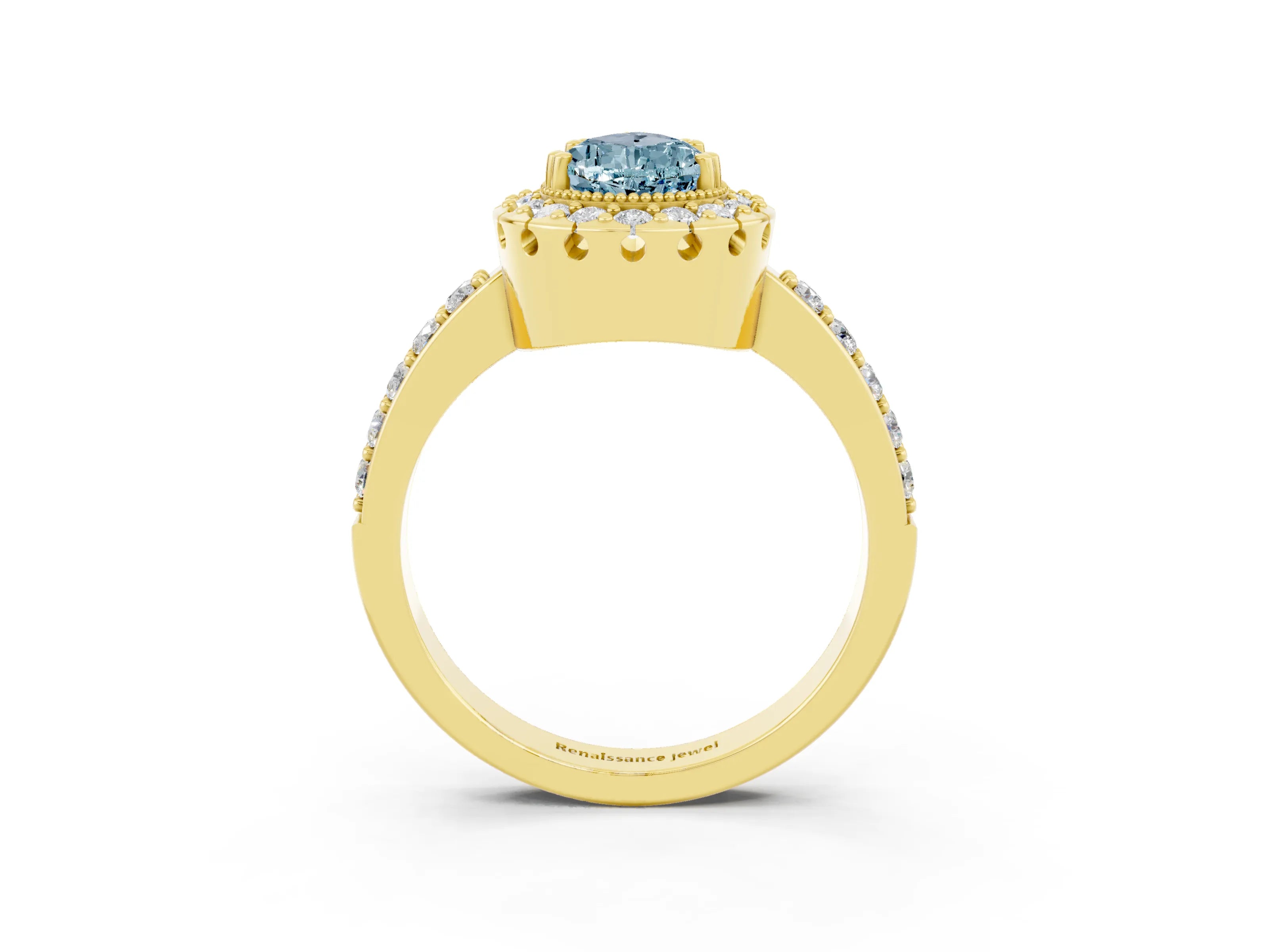 Yellow gold Pear Cut Aquamarine Halo Ring with Pavé Band and Prong Setting_3