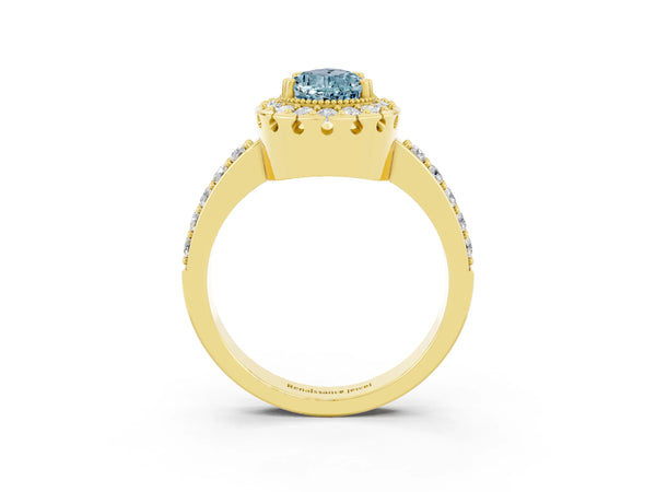 Yellow gold Pear Cut Aquamarine Halo Ring with Pavé Band and Prong Setting