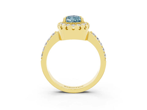 Yellow gold Pear Cut Aquamarine Halo Ring with Pavé Band and Prong Setting_3