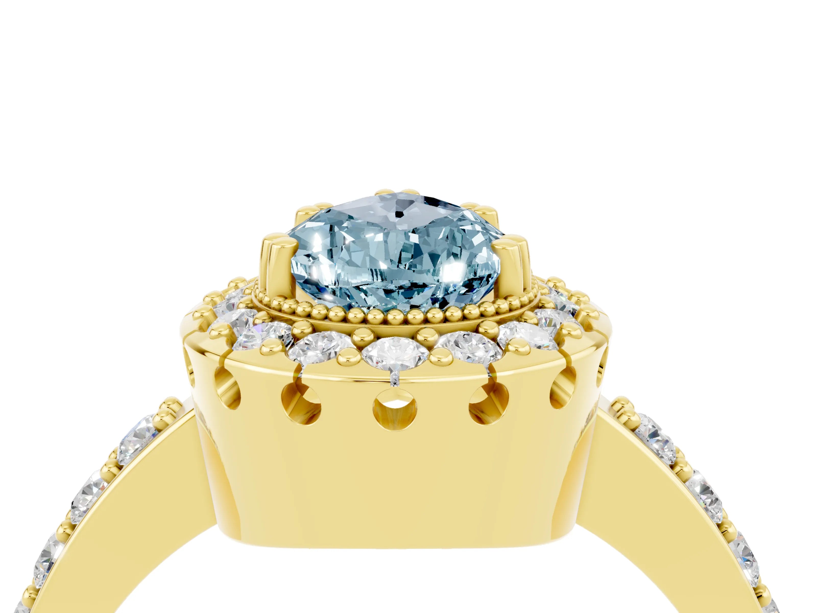 Yellow gold Pear Cut Aquamarine Halo Ring with Pavé Band and Prong Setting_4