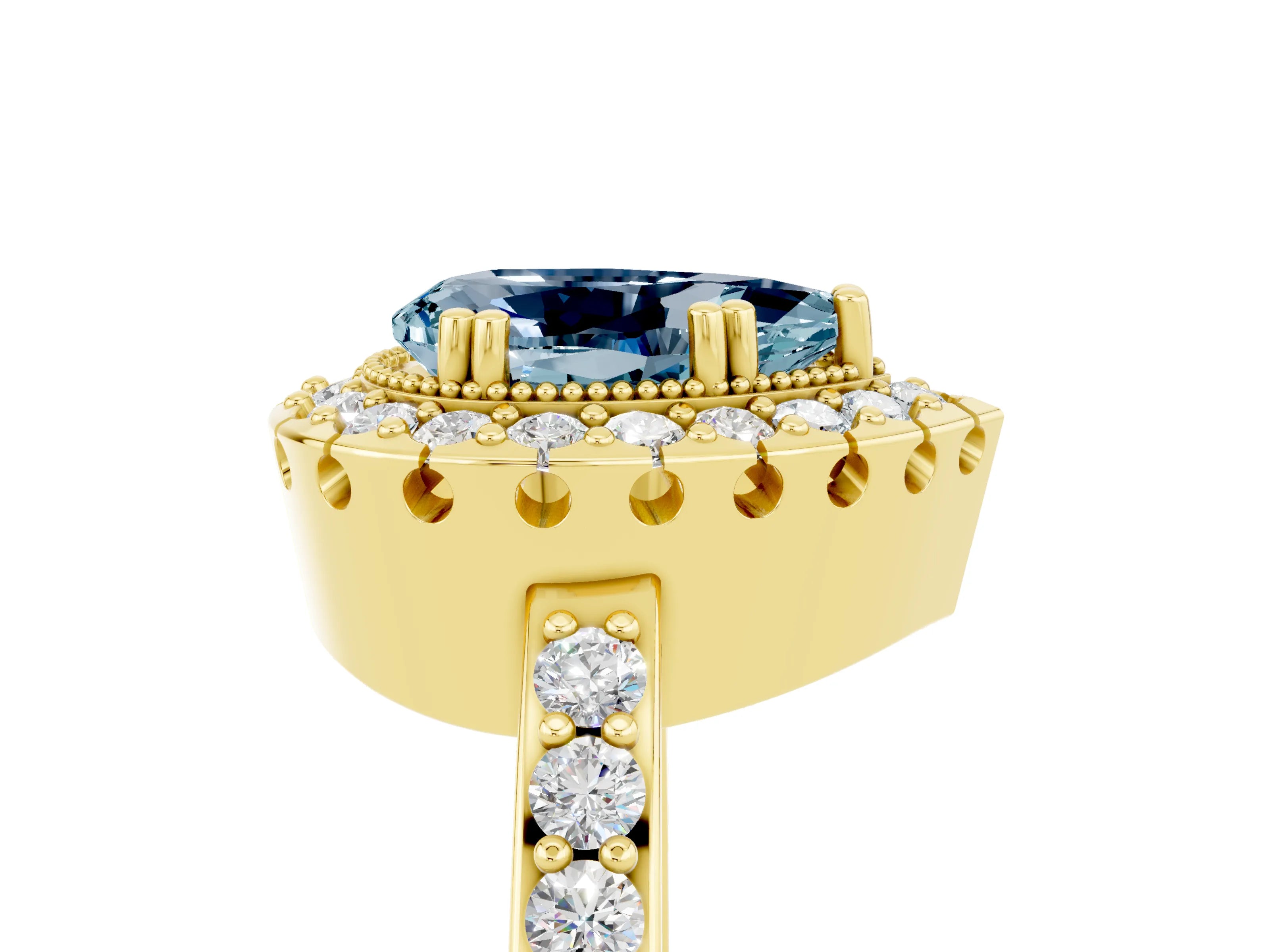 Yellow gold Pear Cut Aquamarine Halo Ring with Pavé Band and Prong Setting_5