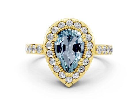Yellow gold Pear Cut Aquamarine Halo Ring with Pavé Band and Prong Setting