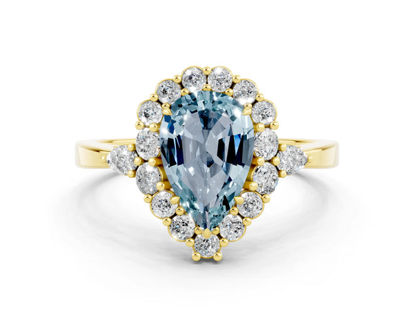 Yellow gold Pear Cut Aquamarine Halo Ring with Pear Side Stones and Prong Setting