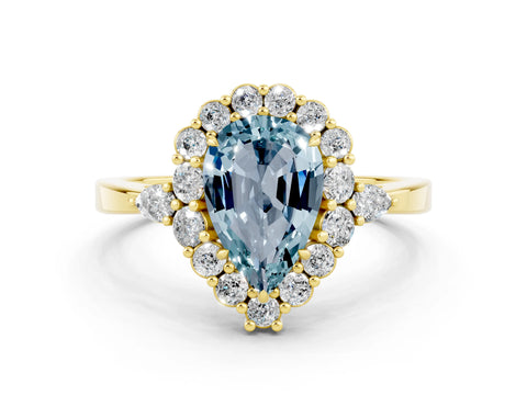 Yellow gold Pear Cut Aquamarine Halo Ring with Pear Side Stones and Prong Setting_12