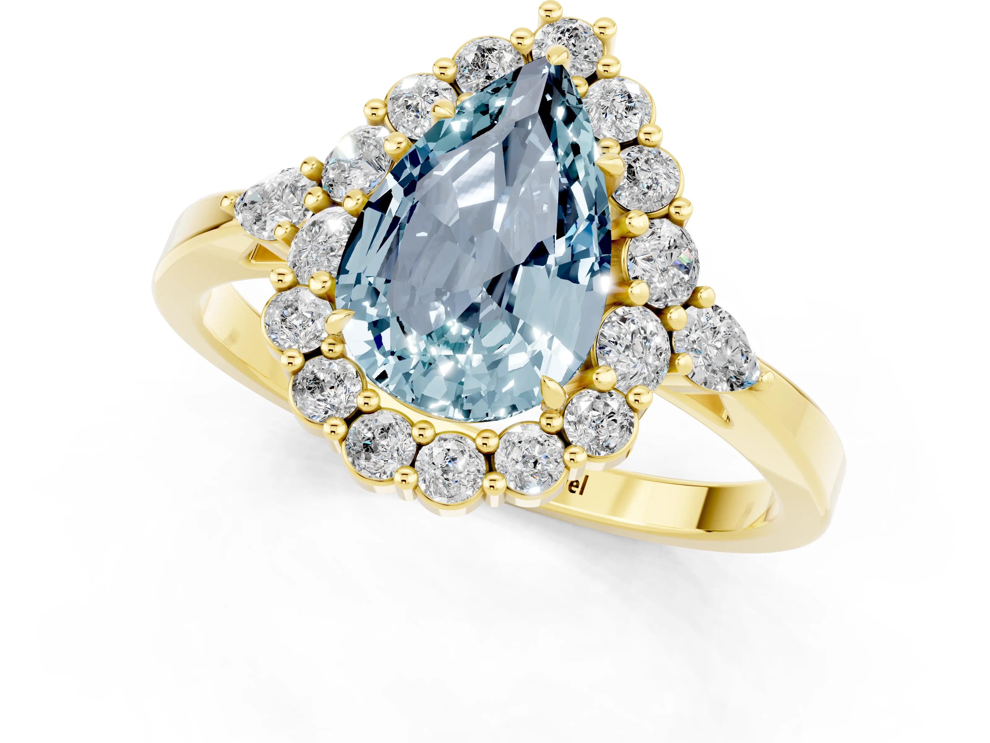 Yellow gold Pear Cut Aquamarine Halo Ring with Pear Side Stones and Prong Setting_13