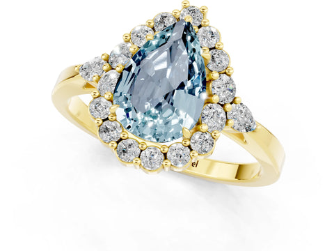 Yellow gold Pear Cut Aquamarine Halo Ring with Pear Side Stones and Prong Setting_13