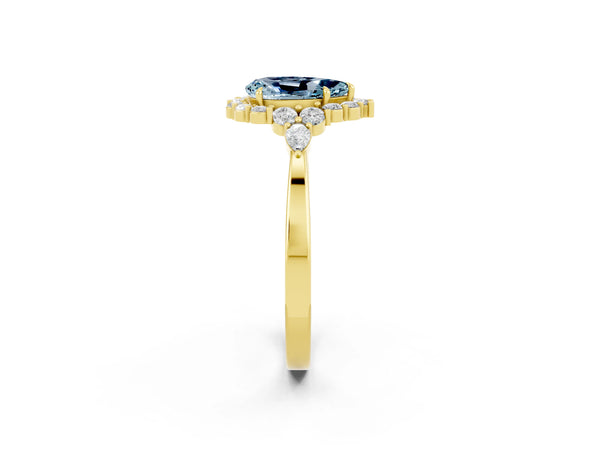Yellow gold Pear Cut Aquamarine Halo Ring with Pear Side Stones and Prong Setting