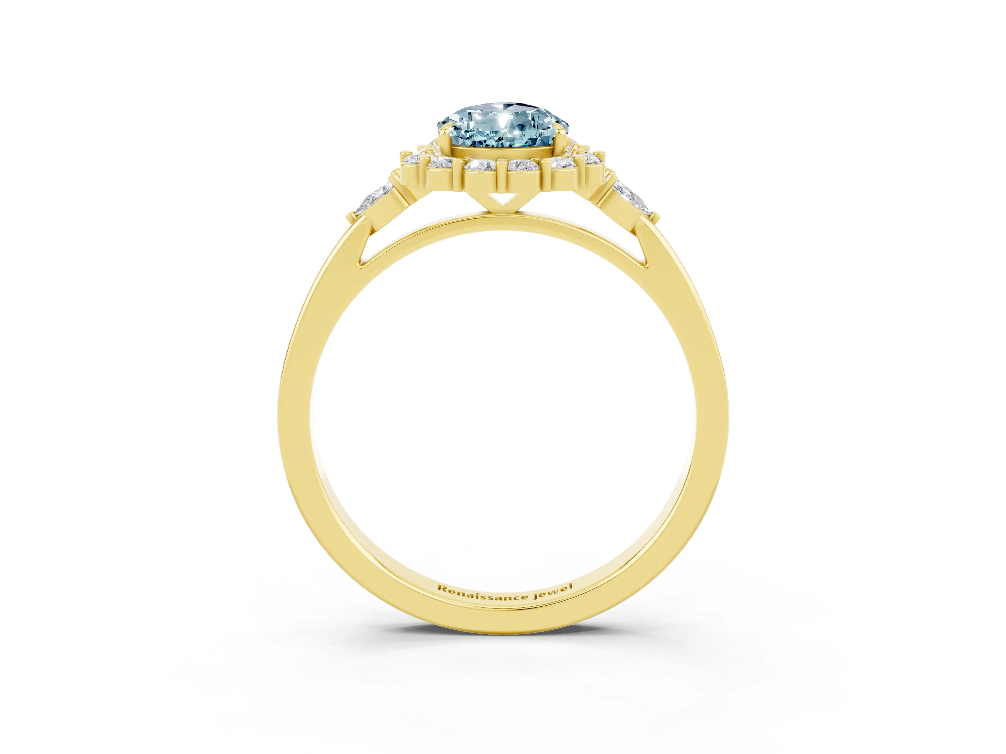Yellow gold Pear Cut Aquamarine Halo Ring with Pear Side Stones and Prong Setting_15