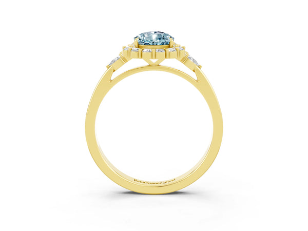 Yellow gold Pear Cut Aquamarine Halo Ring with Pear Side Stones and Prong Setting
