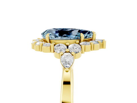 Yellow gold Pear Cut Aquamarine Halo Ring with Pear Side Stones and Prong Setting_17
