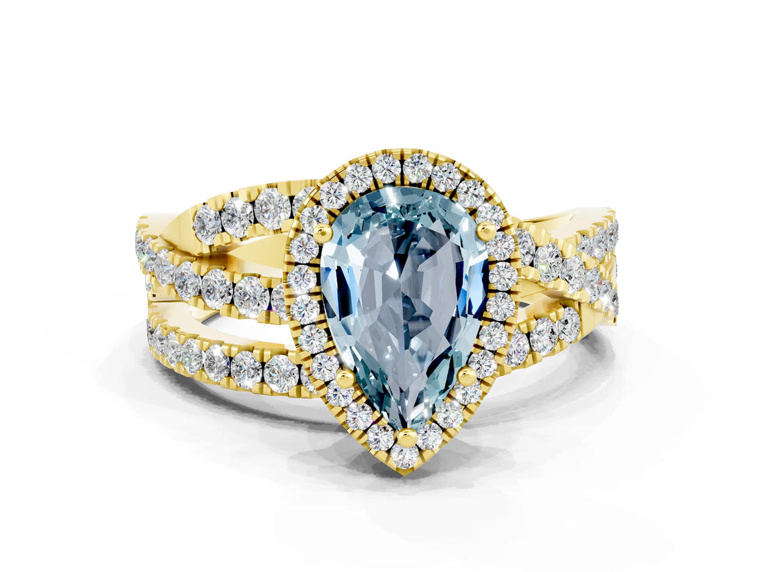 Yellow gold Pear Cut Aquamarine Halo Ring with Round Split Shank and Prong Setting_48