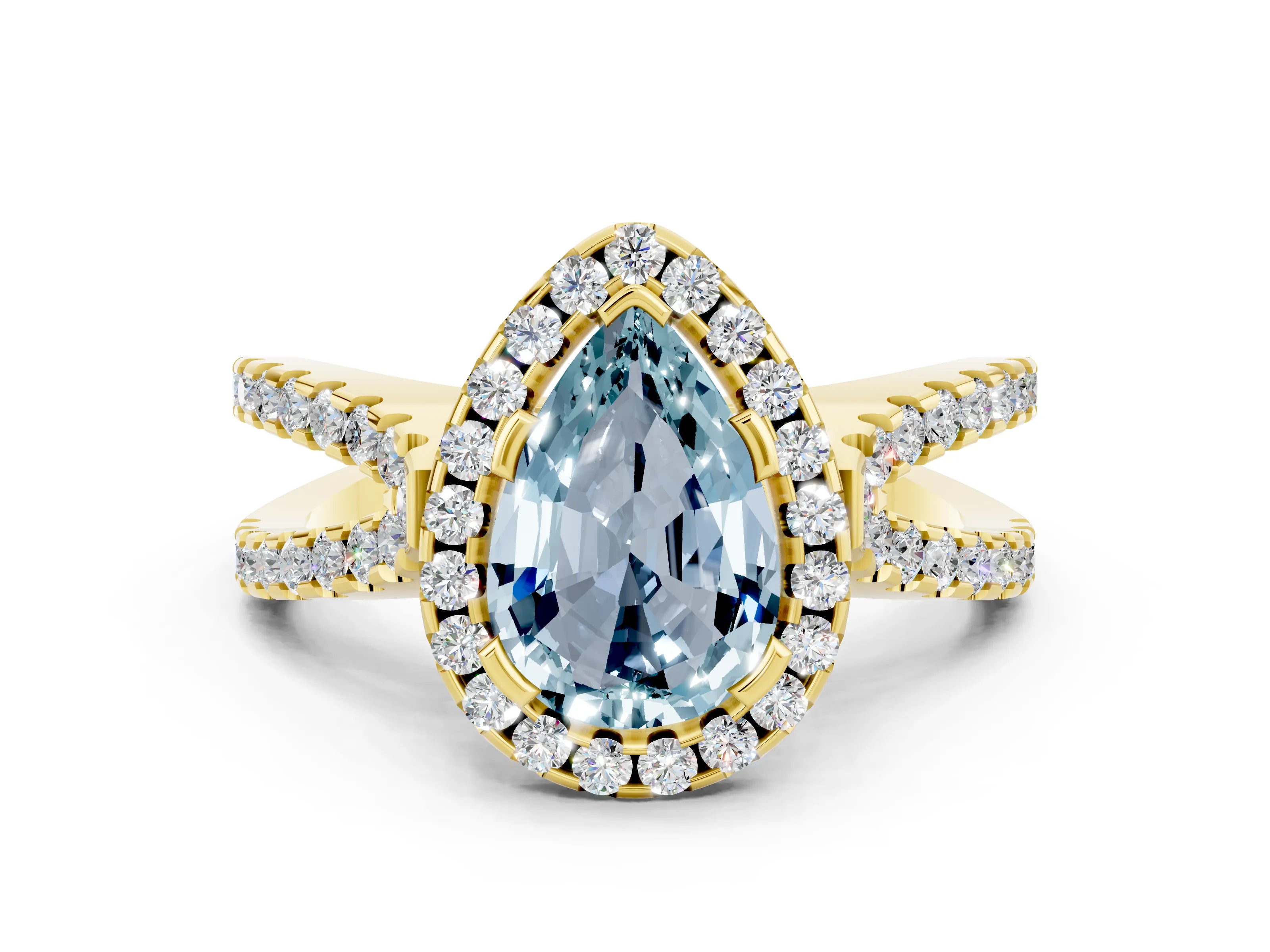 Yellow gold Pear Cut Aquamarine Halo Ring with Split Shank Pavé Band and Prong Setting