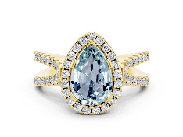 Yellow gold Pear Cut Aquamarine Halo Ring with Split Shank Pavé Band and Prong Setting