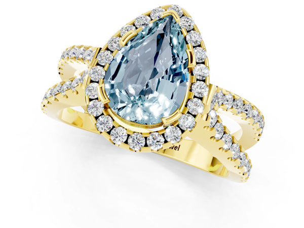 Yellow gold Pear Cut Aquamarine Halo Ring with Split Shank Pavé Band and Prong Setting