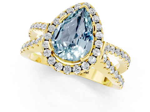 Yellow gold Pear Cut Aquamarine Halo Ring with Split Shank Pavé Band and Prong Setting_1