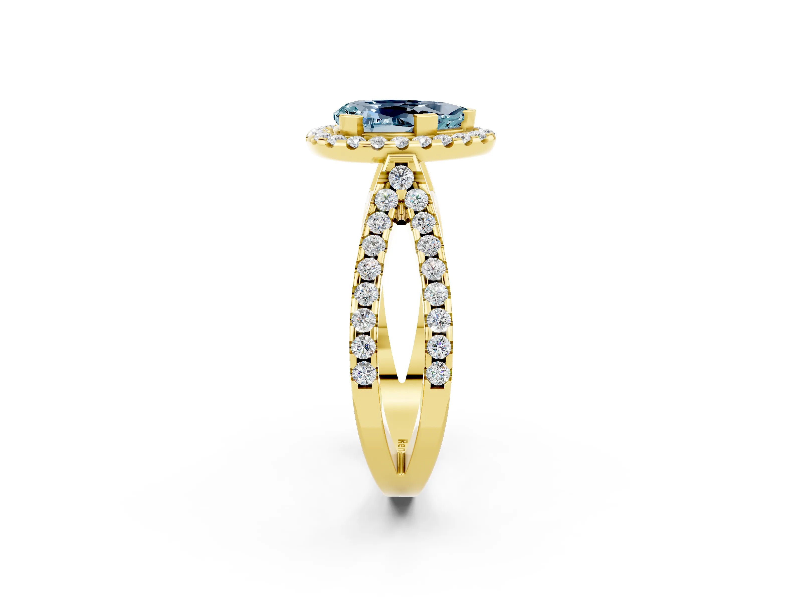 Yellow gold Pear Cut Aquamarine Halo Ring with Split Shank Pavé Band and Prong Setting_2