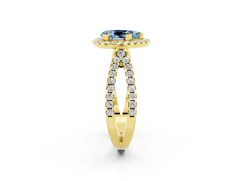 Yellow gold Pear Cut Aquamarine Halo Ring with Split Shank Pavé Band and Prong Setting_2