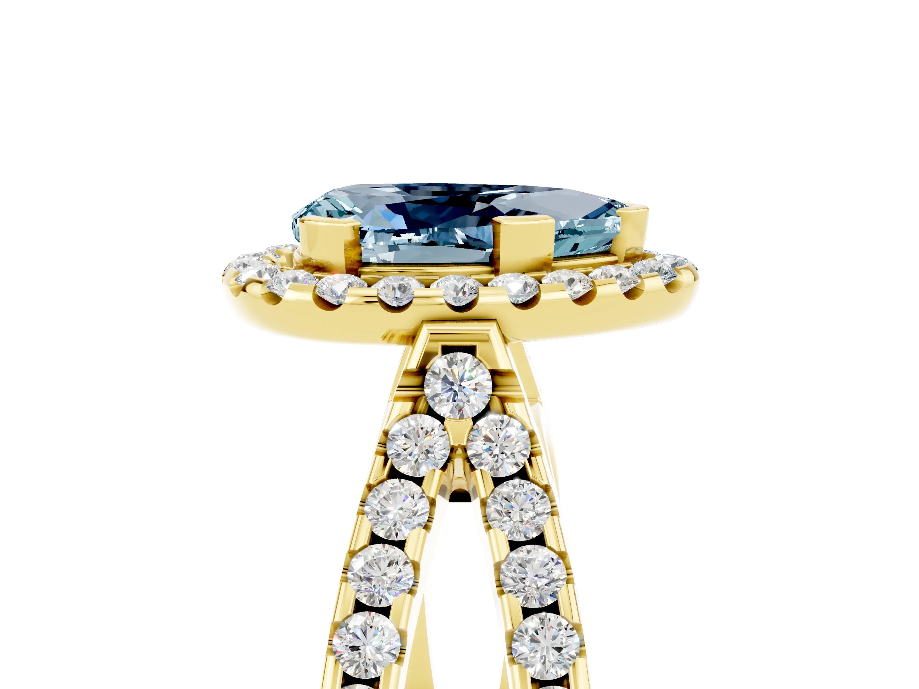 Yellow gold Pear Cut Aquamarine Halo Ring with Split Shank Pavé Band and Prong Setting_5
