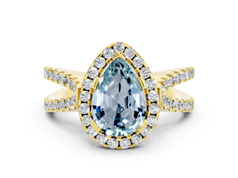Yellow gold Pear Cut Aquamarine Halo Ring with Split Shank Pavé Band and Prong Setting