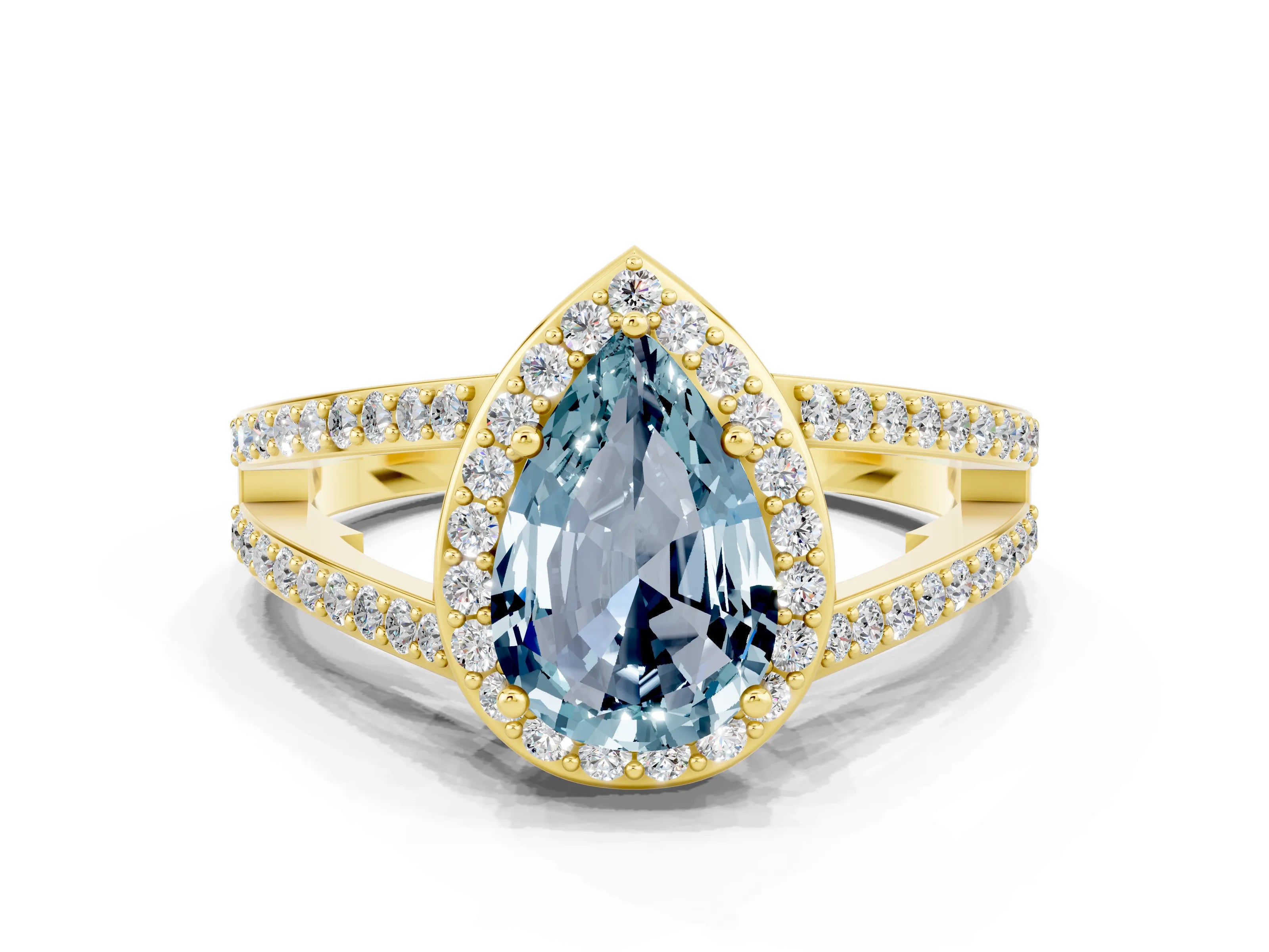 Yellow gold Pear Cut Aquamarine Halo Ring with Split Shank U-Prong Band and Four-Prong Setting