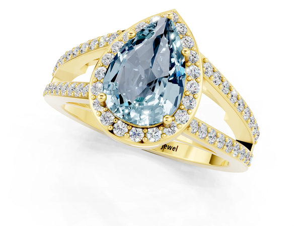 Yellow gold Pear Cut Aquamarine Halo Ring with Split Shank U-Prong Band and Four-Prong Setting