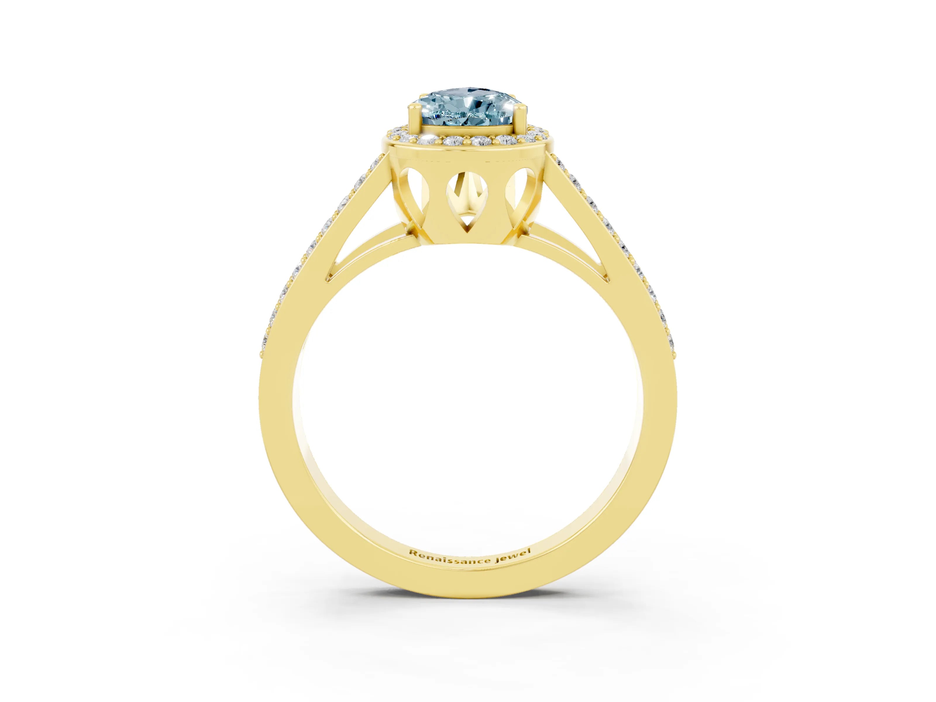 Yellow gold Pear Cut Aquamarine Halo Ring with Split Shank U-Prong Band and Four-Prong Setting_3