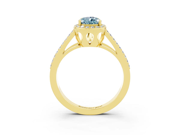 Yellow gold Pear Cut Aquamarine Halo Ring with Split Shank U-Prong Band and Four-Prong Setting
