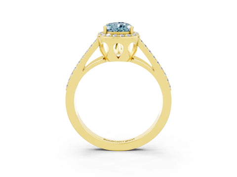 Yellow gold Pear Cut Aquamarine Halo Ring with Split Shank U-Prong Band and Four-Prong Setting_3