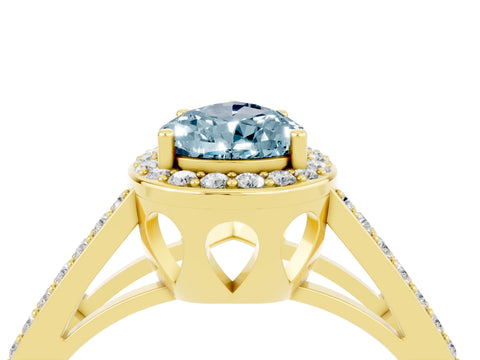 Yellow gold Pear Cut Aquamarine Halo Ring with Split Shank U-Prong Band and Four-Prong Setting_4