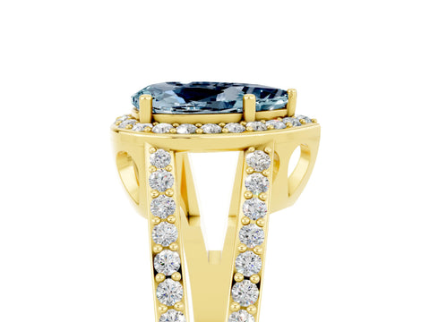 Yellow gold Pear Cut Aquamarine Halo Ring with Split Shank U-Prong Band and Four-Prong Setting_5