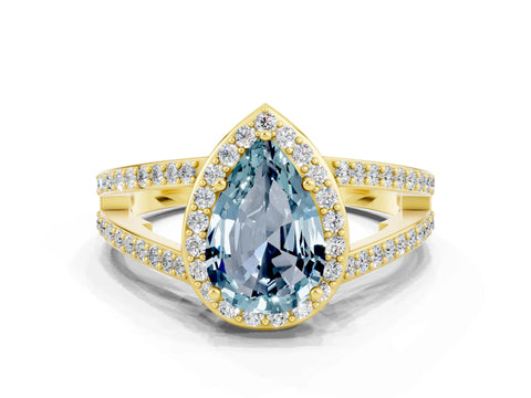 Yellow gold Pear Cut Aquamarine Halo Ring with Split Shank U-Prong Band and Four-Prong Setting