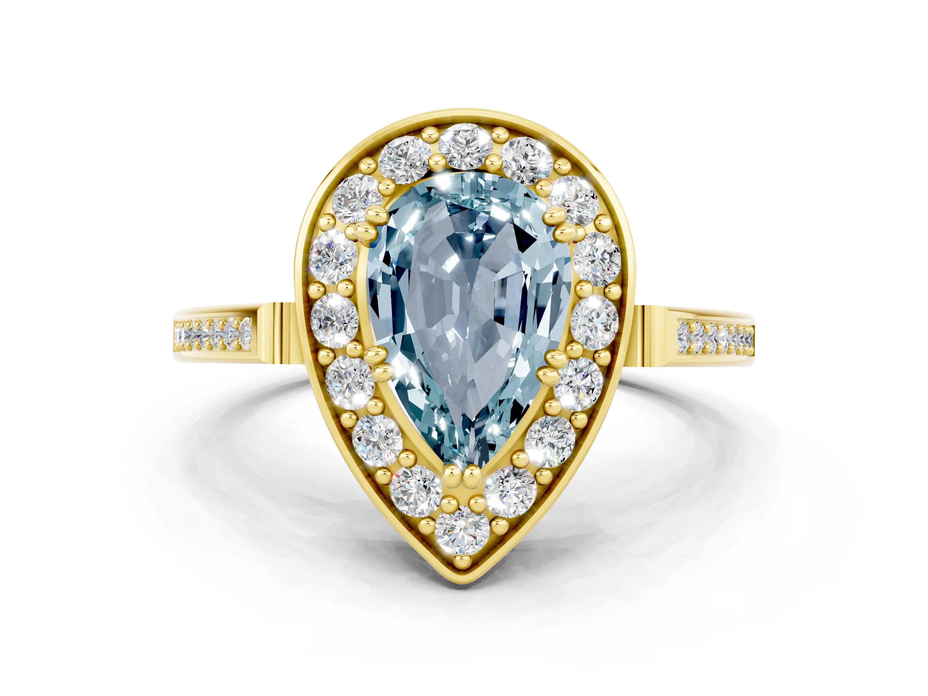 Yellow gold Pear Cut Aquamarine Halo Ring with Split Shank and Four-Prong Setting