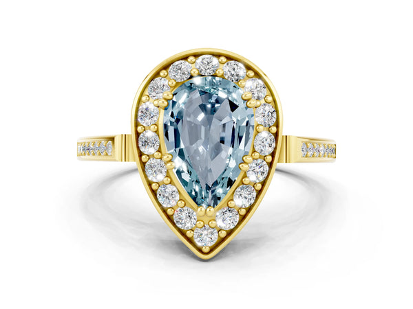 Yellow gold Pear Cut Aquamarine Halo Ring with Split Shank and Four-Prong Setting