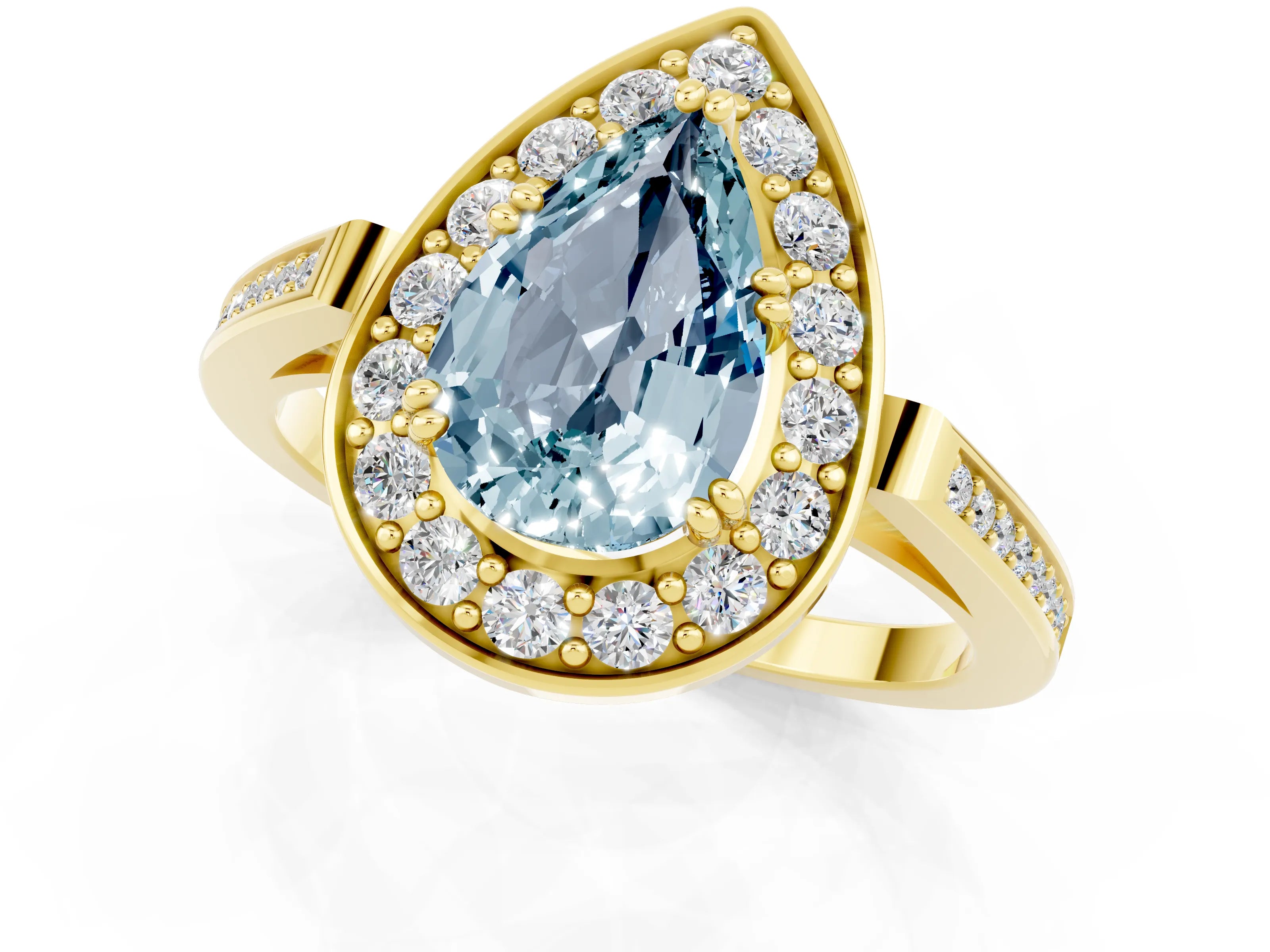 Yellow gold Pear Cut Aquamarine Halo Ring with Split Shank and Four-Prong Setting_1