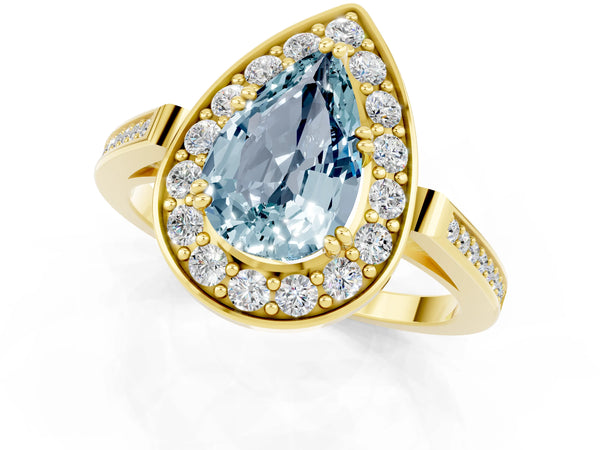 Yellow gold Pear Cut Aquamarine Halo Ring with Split Shank and Four-Prong Setting