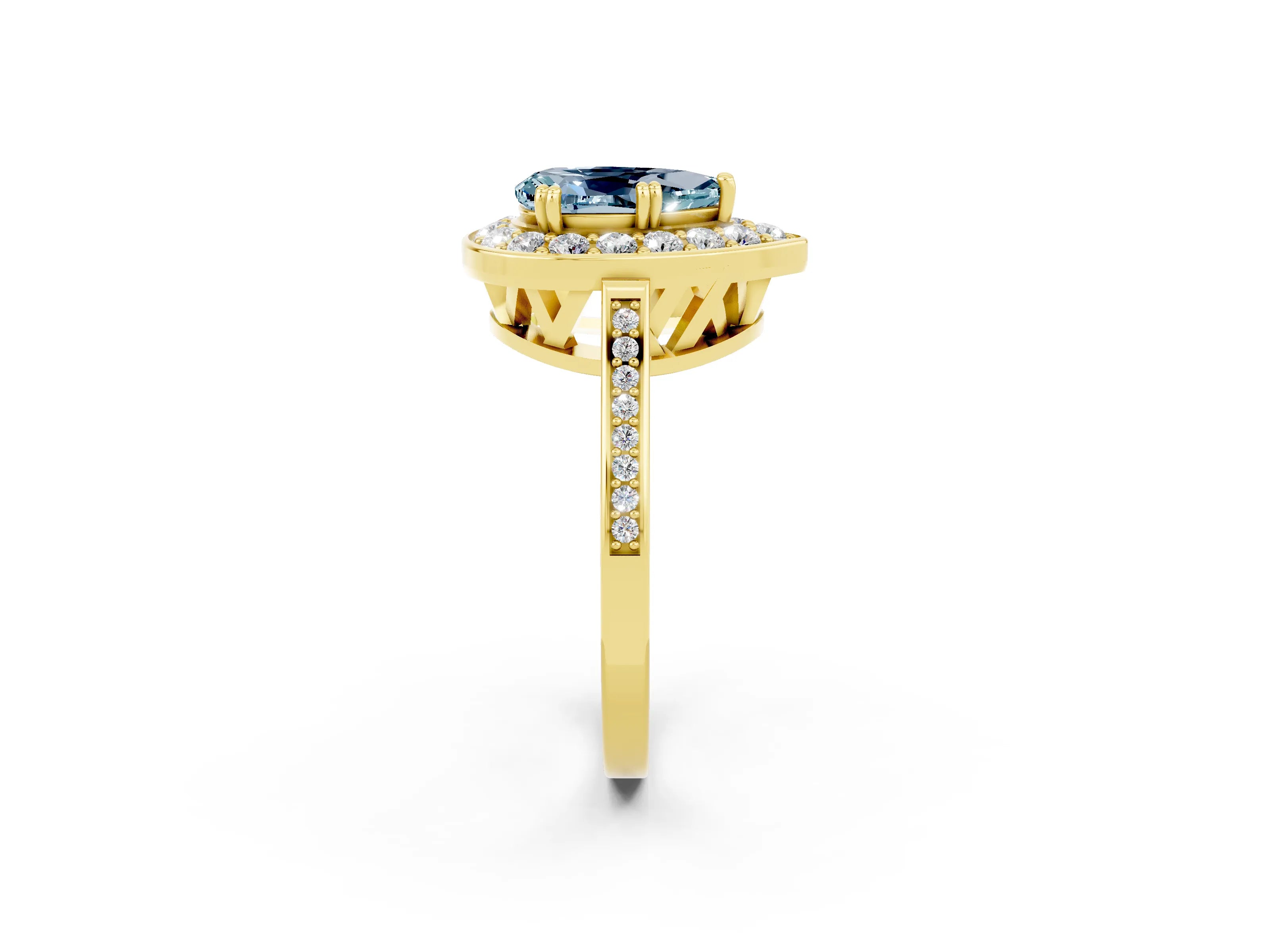 Yellow gold Pear Cut Aquamarine Halo Ring with Split Shank and Four-Prong Setting_2