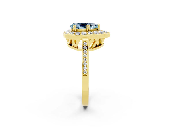 Yellow gold Pear Cut Aquamarine Halo Ring with Split Shank and Four-Prong Setting